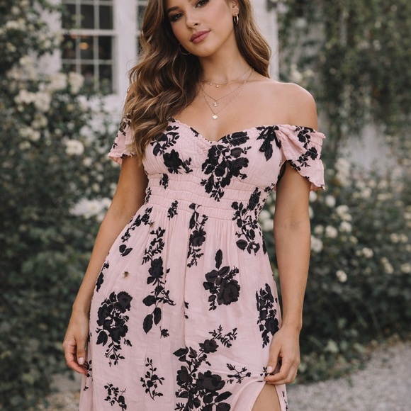 Free People Dresses & Skirts - Free People Smocked Floral Maxi Dress Pink Black Slit Boho Cottagecore Small